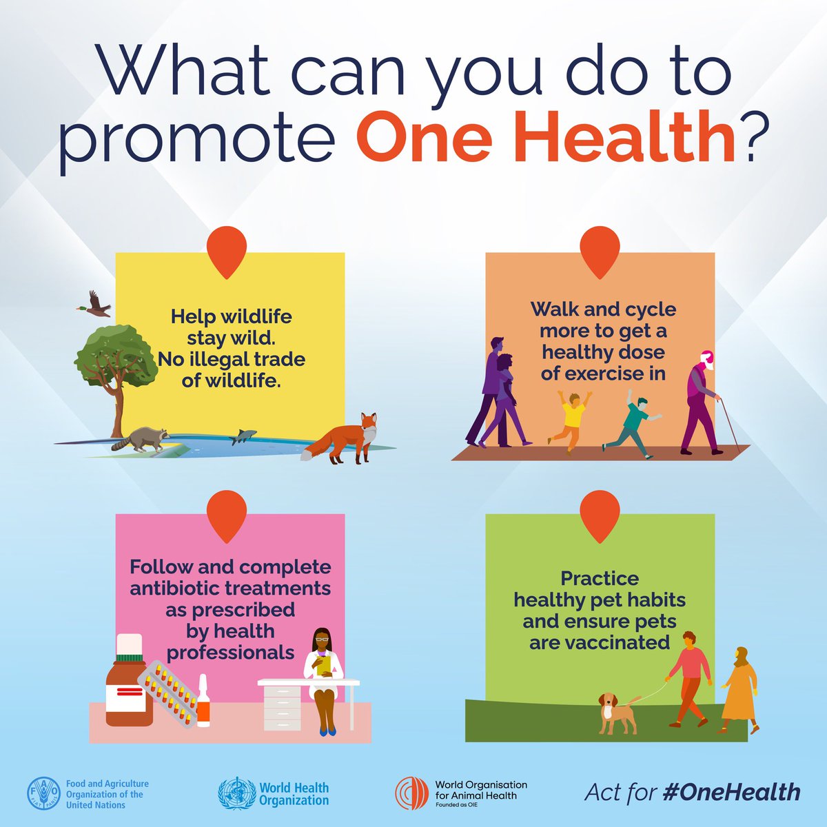 @FAO @UNEP @WOAH @DrTedros #OneHealth is a lifestyle, a way of living! To support & promote One Health, you can ✅ help wildlife stay wild, no illegal wildlife trading ✅ follow & complete antibiotic treatments as prescribed by health professionals ✅ practice healthy pet habits & ensure pets are…