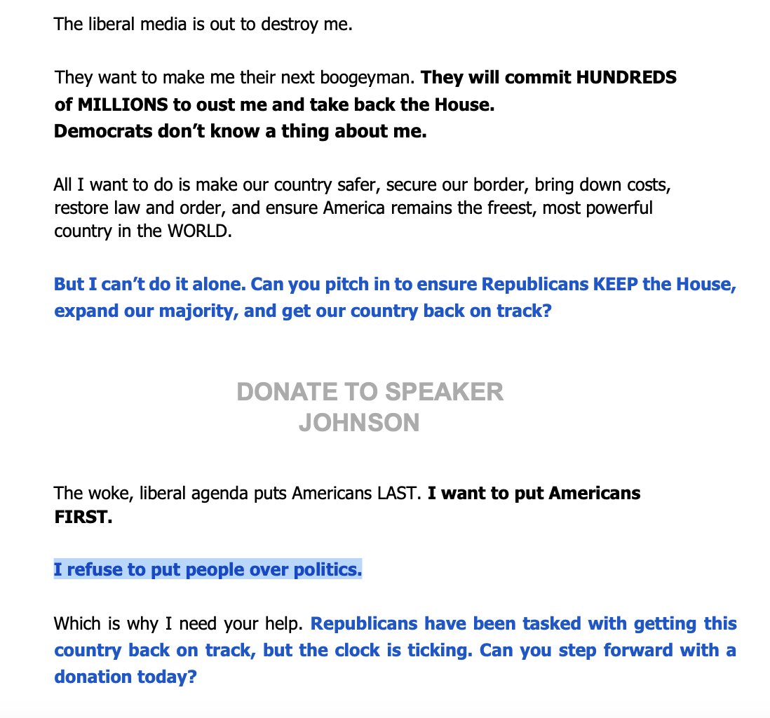 spotted in a Speaker Mike Johnson fundraising email: 'I refuse to put people over politics'