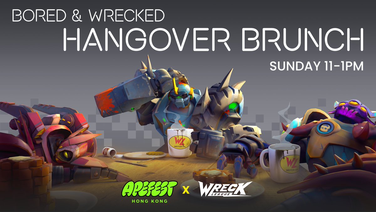 WreckLeagueHQ's tweet photo. Mingle with @BoredApeYC and @nWayGames at our Bored &amp; Wrecked Hangover Brunch on Sunday, November 5, 11 AM HKT. 🍕 Relax and unwind with pizza, beer, and SWAG while checking out Wreck League! 🍻 #ApeFestHK  

🎮 https://t.co/2RAtuuNVeS https://t.co/3FuEIKYoQB