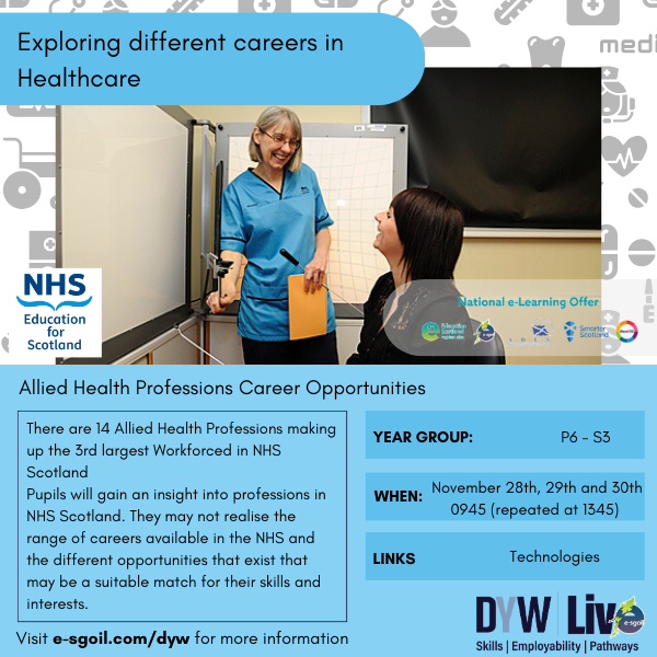 Think working in healthcare is just for Dr's and nurses? Think again! Join us to find out more; 28th of Nov- Orthoptics 29th Nov- Physiotherapy 30th Nov- Podiatry 🔗bit.ly/AHPDYWLive @eSgoil @EducationScot @NHS_Education @NHSScotCareers @NESnmahp #NeLO