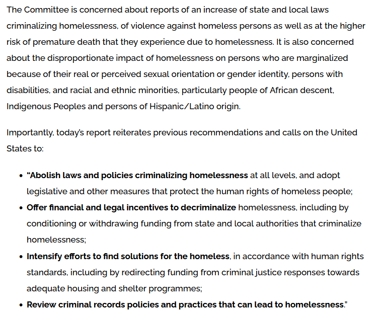 BREAKING: @UN Human Rights Committee has recommended the abolition of laws that criminalize homelessness in the U.S. They also recommend reallocating funds away from law enforcement and towards adequate housing. Read @homeless_law statement here: homelesslaw.org/law-center-sta…