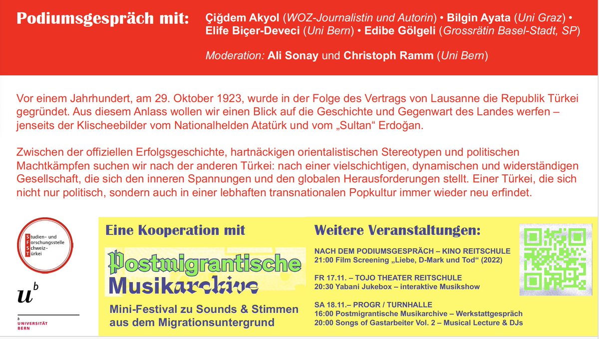 SFST_CH's tweet photo. SFST Podiumsgespräch “Die andere Türkei. 100 Jahre umkämpfte Republik”, 16. November 2023, 18:15 Uhr im Kino in der Reitschule Bern.
Wir freuen uns, dass wir in diesem Jahr unser Podiumsgespräch in Bern abhalten und damit unsere Aktivitäten und Kooperationen ausweiten. https://t.co/GEIxANQA7T