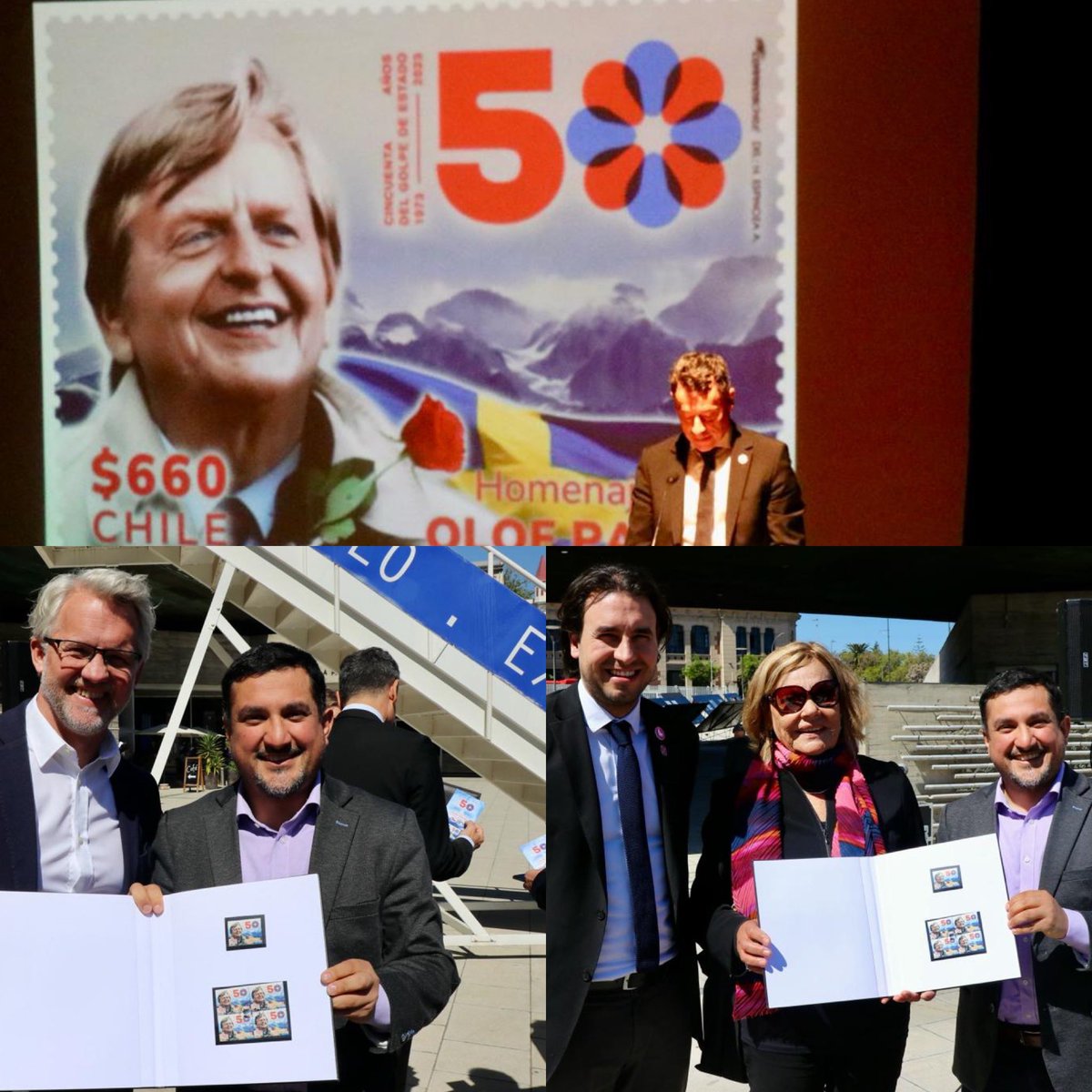 sebas_vergara's tweet image. ☀️Ceremonia de lanzamiento del sello postal en homenaje a Olof Palme, ex Primer Ministro de Suecia que acogió solidariamente a miles de chilenos exiliados. #50añosdelgolpe