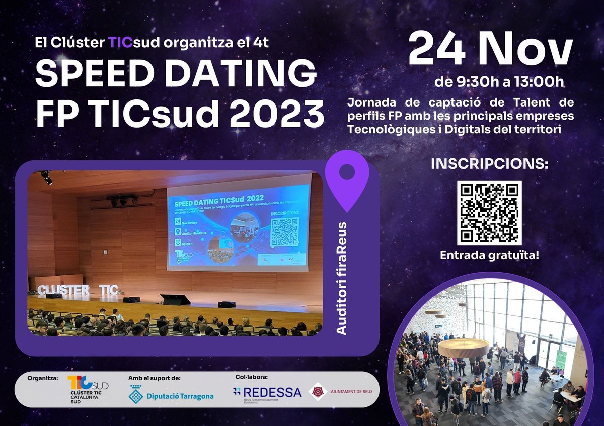 TICSud's tweet photo. 📢4t #SpeedDatingFPTICSud on reunirem empreses tecnològiques i #TalentFP!

📅24/11
⏰9:30h
📍@firaReusEvents
💡Presentacions i networking
👉Inscripció: https://t.co/brqbXMkmCY

🚀Connectem el #talent del territori!
@Dipta_cat @RedessaReus @reus_cat

#TICSUd #TalentTIC #SectorTIC https://t.co/Flsk946VD2