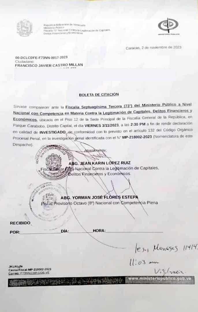 Informamos que el día de hoy, el ciudadano Francisco Castro, miembro del Equipo Técnico de la CNPrimaria, recibió una citación para comparecer -hoy mismo a las 2:30pm- en calidad de investigado, a la sede principal del Ministerio Público, en Parque Carabobo, Caracas.