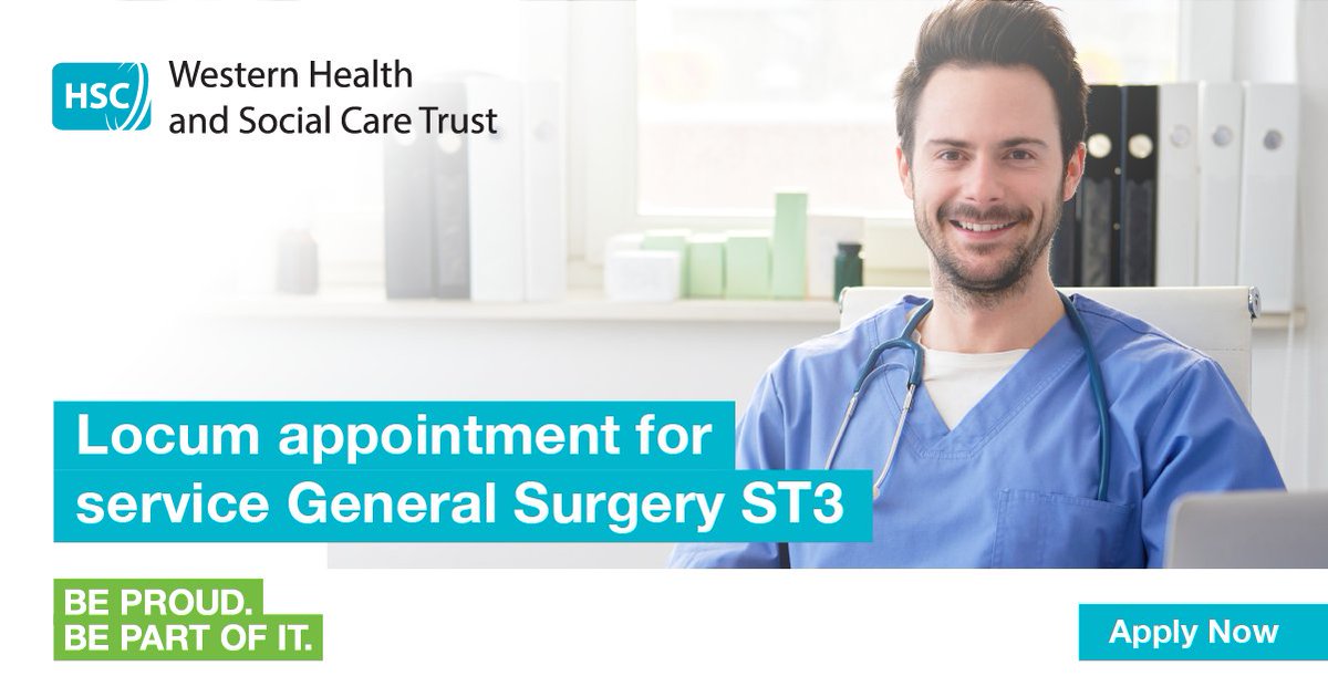 The <a href="/WesternHSCTrust/">Western Trust</a> are looking for a Locum appointment for service General Surgery ST3 to be based at Altnagelvin Area Hospital in Derry/Londonderry.

Apply online today:  
hubs.ly/Q027KQp30