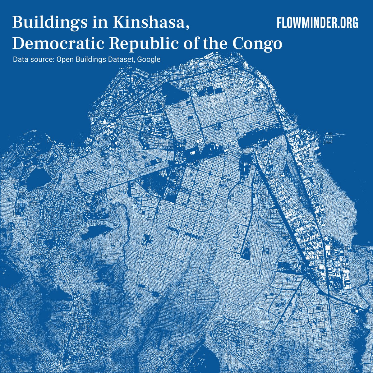 flowminder's tweet photo. #30DayMapChallenge Day 3: A map with polygons. Buildings in Kinshasa, #DRC🇨🇩. 

Tools used: Datashader, geopandas, Python, Illustrator 
1/2 https://t.co/VFmdoKQmc2