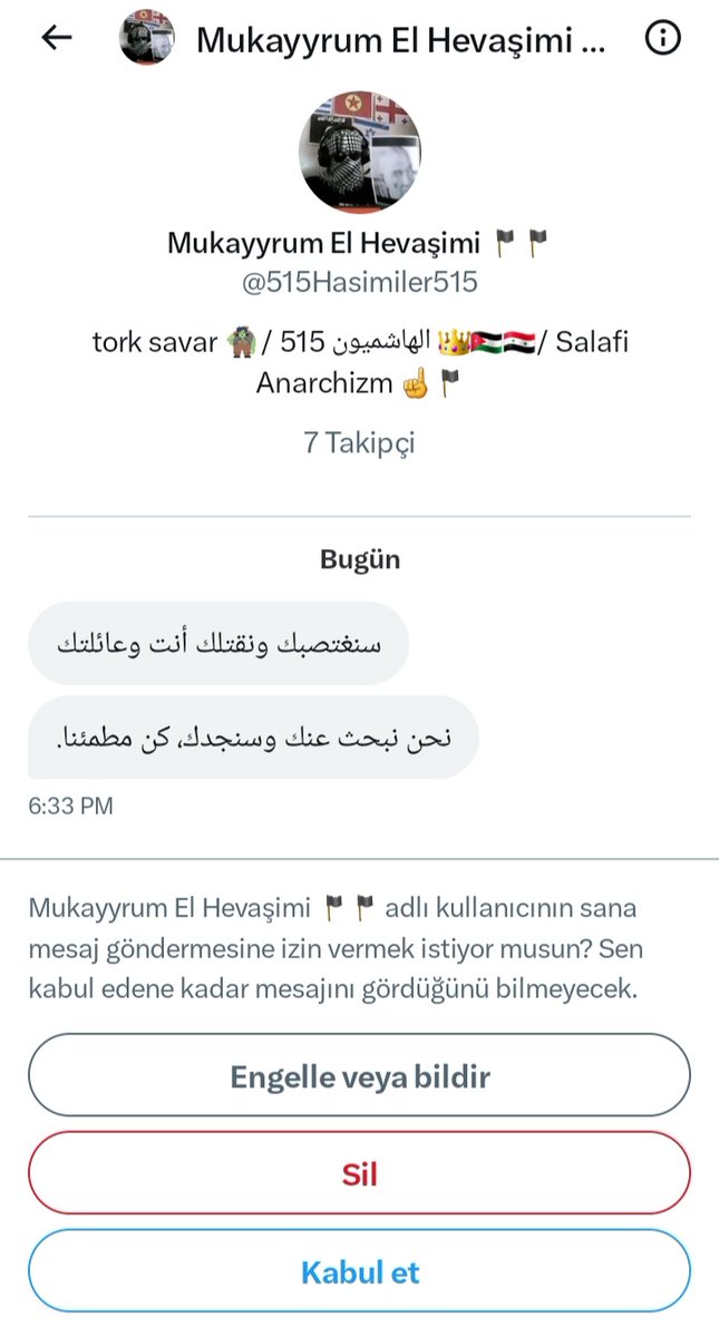 Arap ırķçısı 515 çetesinin bir hesabı gönderdiği bu mesajla beni ve ailemi ölümle tehdit etti. Mesajda 'Sana ve aileni tecavüz edip öldüreceğiz. Seni bulacağız.' deniliyor. Yarın TÜYAP'a kitabımın imza gününe gidip okurlarımla buluşacağım! @EmniyetGM @istanbul_EGM @TC_icisleri