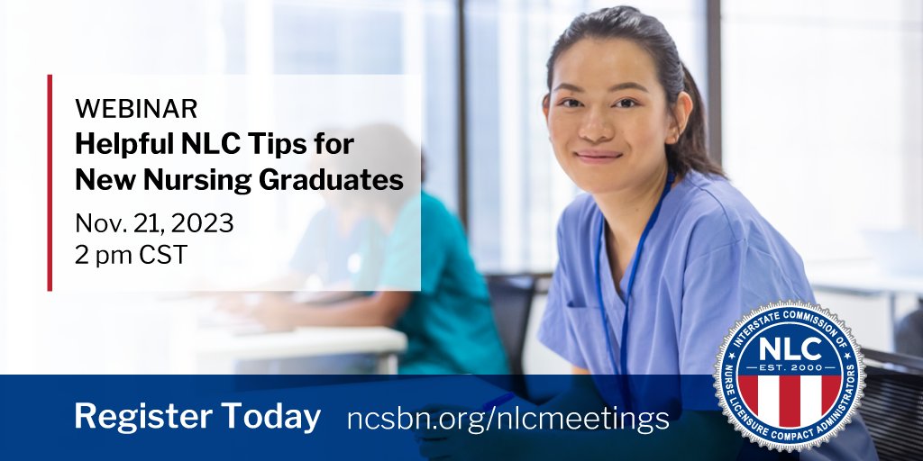 NLC's free webinar on Nov 21, at 2:00 pm CST, includes information related to how the NLC works, where to apply for your initial license by exam and to take the NCLEX and an update on states implementing the NLC. Register at nursecompact.com/stay-informed.…