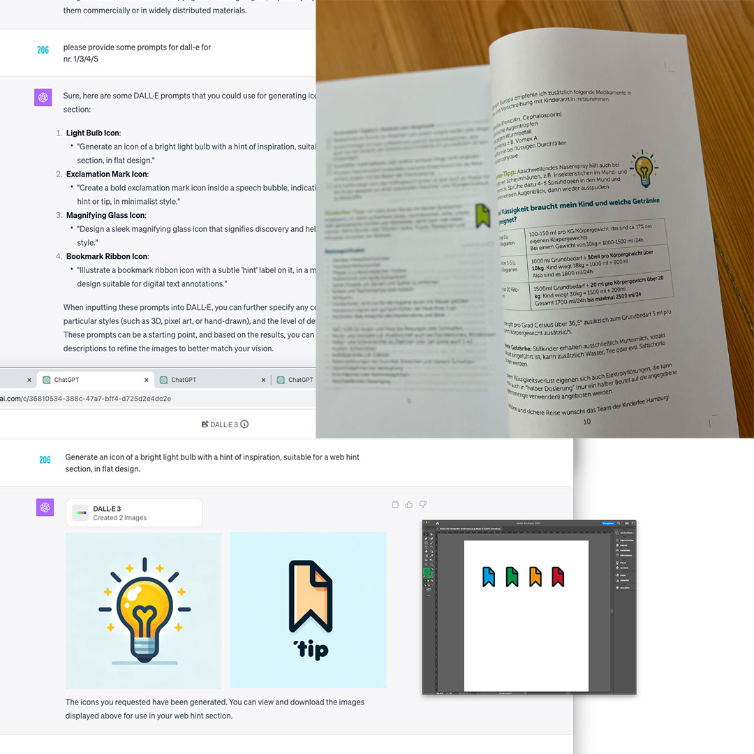 code_206's tweet image. From Concept to Print in No Time! 🚀

1️⃣ GPT provided some prompts for a &apos;hint&apos; icon.
2️⃣ DALL·E generated some captivating images.
3️⃣ I vectorized those images in #AdobeIllustrator.
4️⃣ Used them in a print layout!

#gpt4 #DALL·E