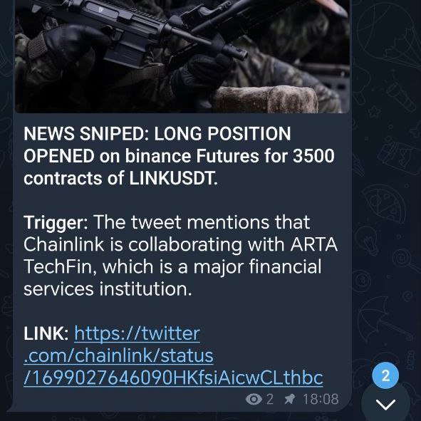 BlackSwanETH's tweet image. Forwarded from community member, BlackSwan AI successfully catching this ChainLink partnership &amp;amp; executing trade on Binance. LINK inevitably going to have lots big deal news during bullrun, essential to have conditions set for sniping. Nice potential profits w/ good TP/SL $BSWAN