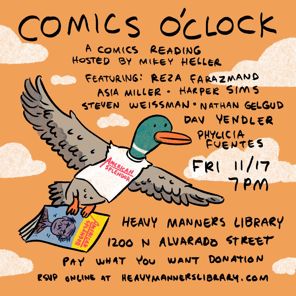 Comics O'Clock returns Friday 11/17 at @heavymannerslib! Featuring @PDLComics @punkratkid @harperims Steven Weissman @gelgud @DavYendler and @_phylville!!! 