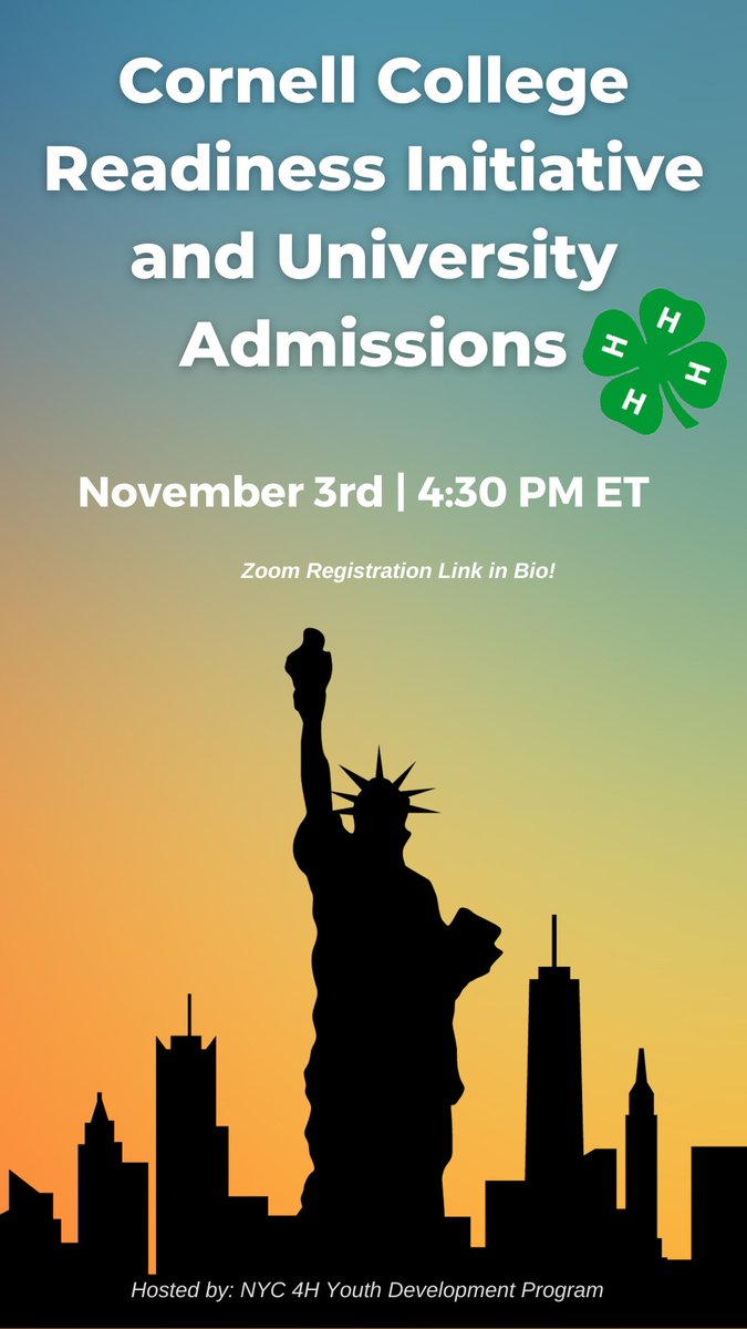 TODAY at 4:30 PM, join NYC 4-H Youth Development for a session on university admissions as part of the Cornell College Readiness Initiative. 

Register for the Zoom: cornell.zoom.us/meeting/regist…
