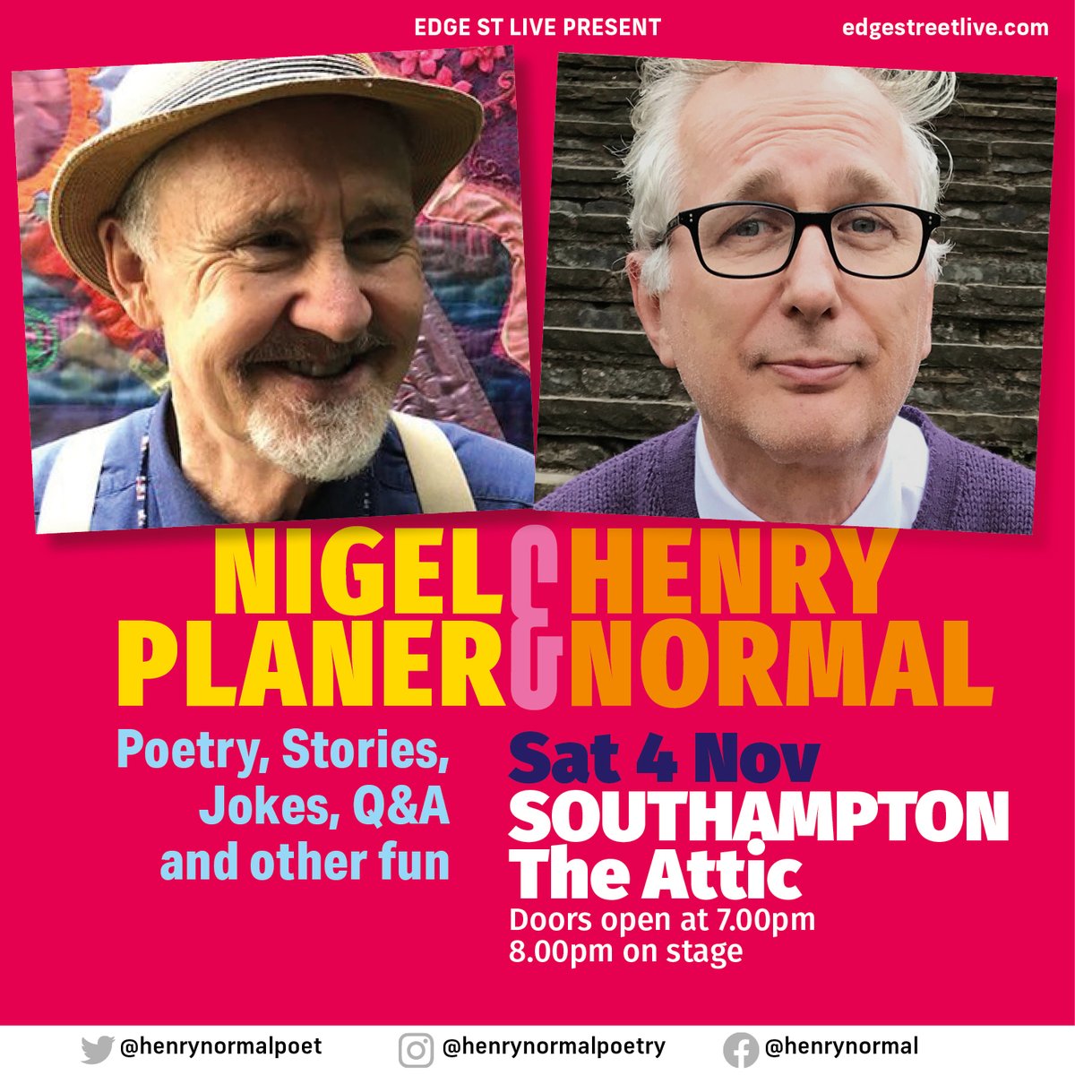 If you fancy an evening full of poetry, stories and laughter with two fantastic poets @HenryNormalpoet and @NigelPlaner1 , get yourself down to @theatticsouthampton tomorrow night. Grab your tickets here: bitly.ws/ZnpF