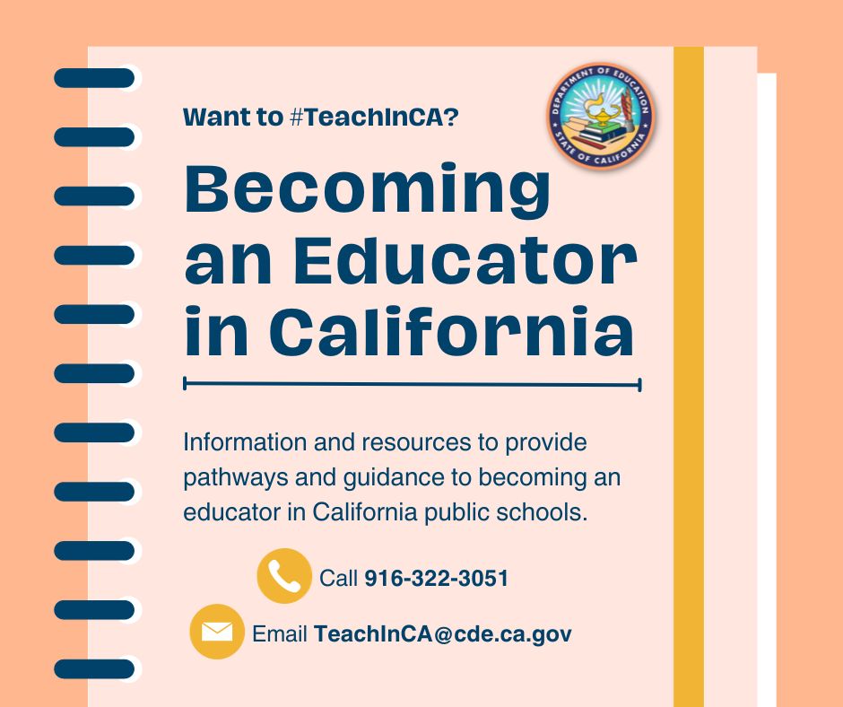 CA Department of Education (@cadepted) on Twitter photo State Supt. <a href="/TonyThurmond/">Tony Thurmond</a> and CDE are working hard to recruit, retain, and diversify our #teacher workforce. There is a $20,000 scholarship for anyone who wants to #TeachInCA:
📲: Call 916-322-3051
📧: Email TeachInCA@cde.ca.gov State Supt. <a href="/TonyThurmond/">Tony Thurmond</a> and CDE are working hard to recruit, retain, and diversify our #teacher workforce. There is a $20,000 scholarship for anyone who wants to #TeachInCA:
📲: Call 916-322-3051
📧: Email TeachInCA@cde.ca.gov