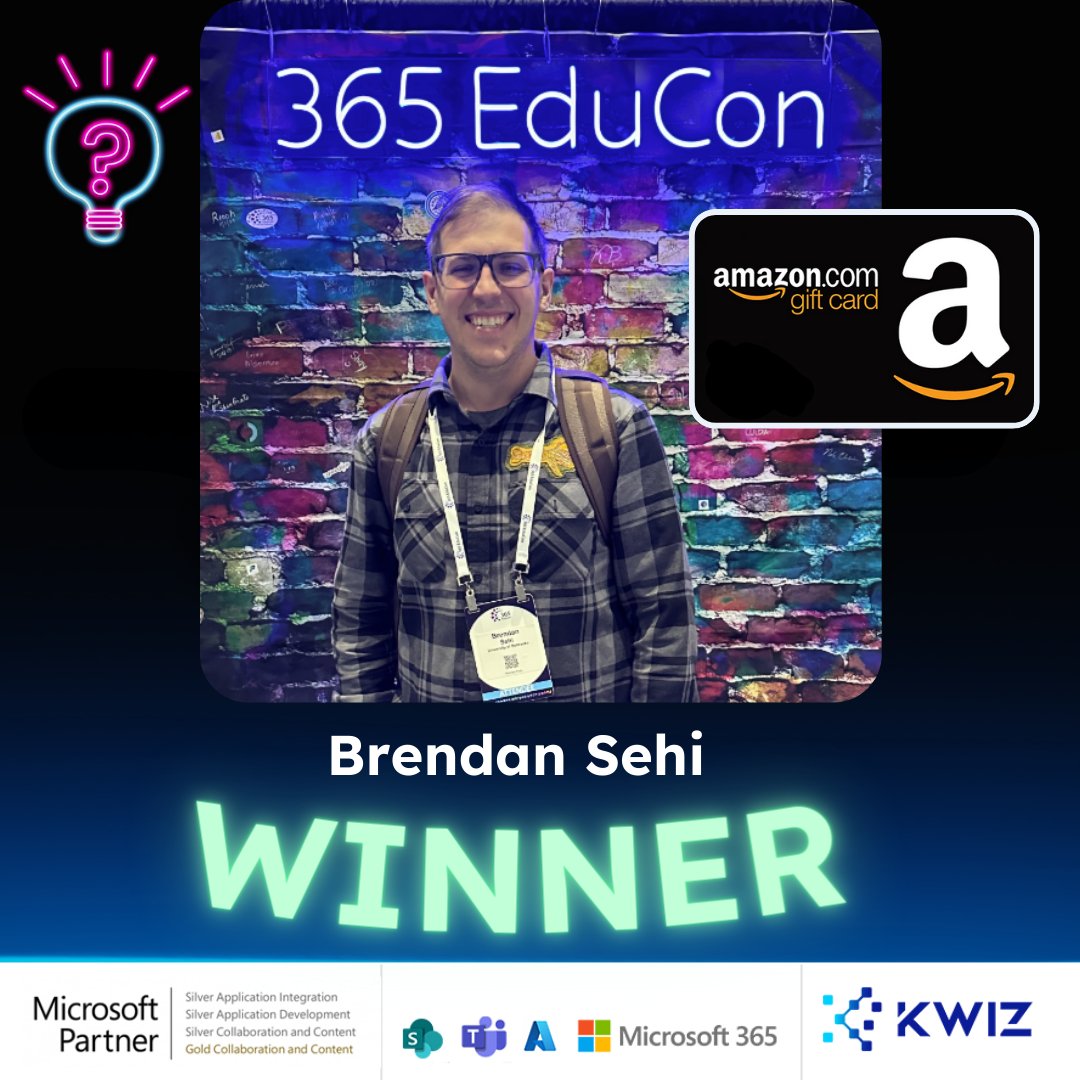 🎉 Big shoutout to Brendan Sehi at 365Educon Chicago! 

🏆We're thrilled to announce that he's won an amazing Amazon gift card, and we couldn't be happier for him! 

 A huge thank you to everyone who participated and passed by booth 27!  

#TriviaChamp #365Educon #AmazonGiftCard