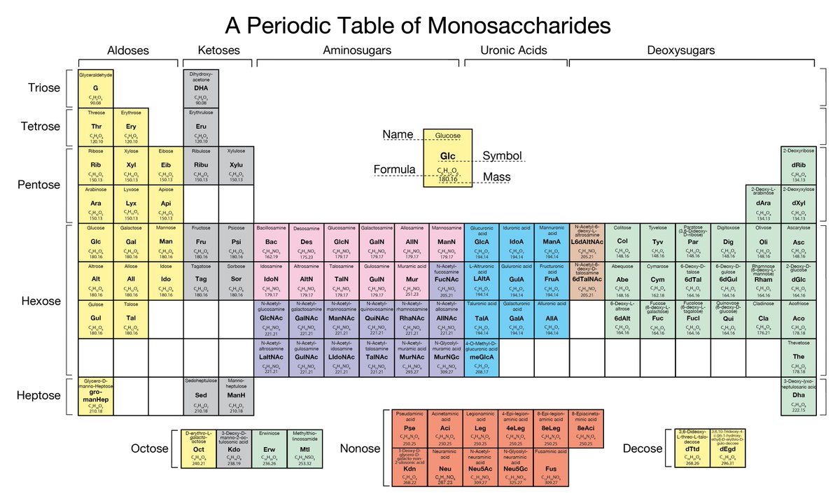 You have heard of the periodic table of elements-
we present the Periodic Table of Monosaccharides, where we attempt to arrange the monosaccharides in a systematic table.

Published in Glycobiology: academic.oup.com/glycob/advance…

#glycotime #glycoeducation #glycans #monosaccharides