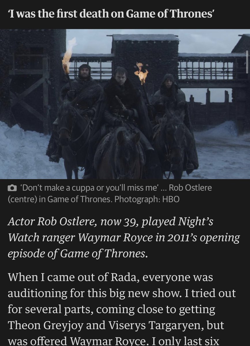 Lovely to see <a href="/RobOstlere/">Rob Ostlere</a> in the Guardian today, talking about his demise in Game of Thrones: theguardian.com/tv-and-radio/2…