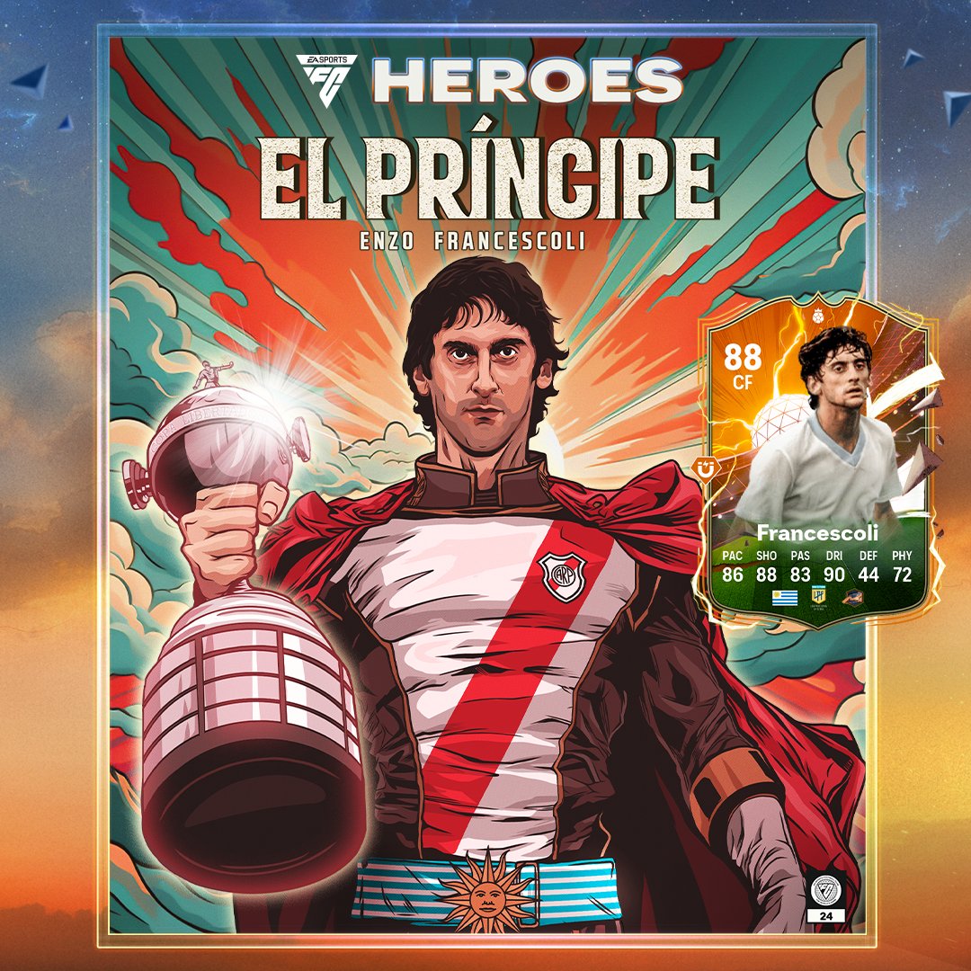 EASPORTSFC's tweet photo. Royalty becomes legendary. 

El Príncipe, Enzo Francescoli, has joined the ranks of Heroes in #FC24. Available in-game today from 2 p.m. ET/6 p.m. UK https://t.co/gxYAH2TTSf