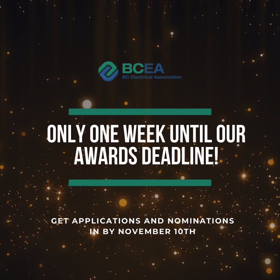 BCElecAssoc's tweet photo. Only ONE WEEK left until we wrap up award nominations and applications!

The deadline for award applications and nominations is fast approaching. 

To learn more about these awards and how to submit your application and/or nominations, visit our website: https://t.co/ufR6B4NyE0 https://t.co/jeGyZON9QH