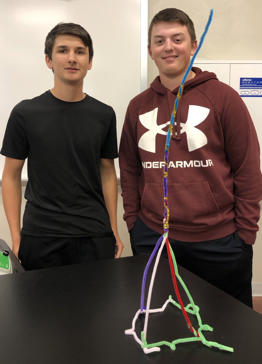Congratulations to Matthew and Nolan for winning the Pipe Cleaner Tower Friday Engineering Challenge! Their freestanding tower was 66 cm (over 2 feet) tall!  #RedBud132 #RedBudHS