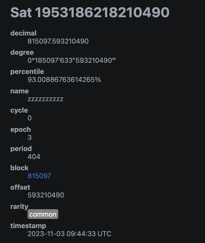 Last night something historic happened... the sleepiest Ordinal was mined at 2:44am. 

Sat 'zzzzzzzzzz' (in addition to being the sleepiest Ordinal that will ever exist) is also the beginning of the 10-letter sat name era, which will last for the next 20 years 🩵😴