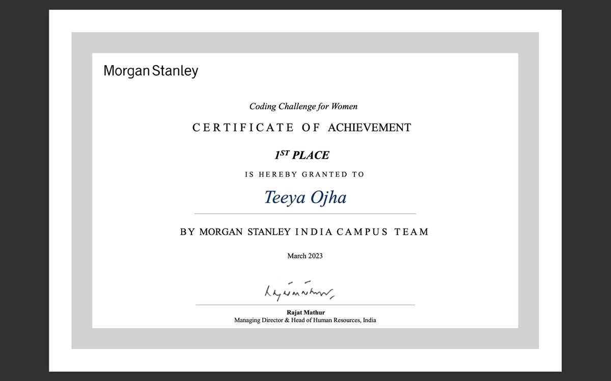 TeeyaOjha's tweet photo. 🏆 Exciting news! 🚀 I'm thrilled to share that I've secured 1st place in the @MorganStanley Women's Coding Challenge! 🥇 Out of 800+ participants, I was among the top 26 winners. 🙌 #MorganStanley #CodingChallenge #WomenInTech https://t.co/JxjvVCLHni