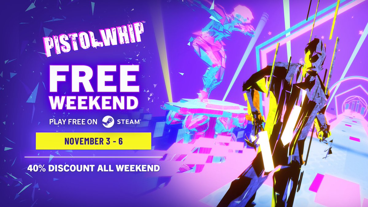 PistolWhipVR's tweet photo. 💥 ASPIRING ACTION HEROES 💥 

We are celebrating our anniversary this month, so here's a 🎁! Dive into the Pistolverse on #Steam for FREE from Nov 3-6 (+ 40% off)!

✅ 30+ Scenes
✅ Campaigns 
✅ Community Remixes/Mods 
✅ And More

Try it FREE now ▶️ https://t.co/iFRC8vdT2s https://t.co/JlOPuuRD36