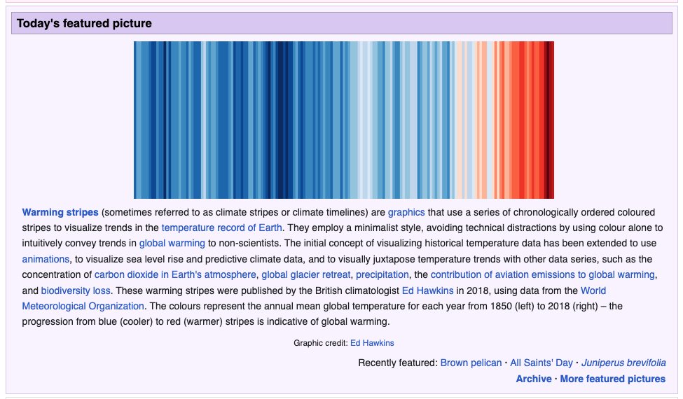 Today's featured picture on <a href="/Wikipedia/">Wikipedia</a> is the warming stripes: en.wikipedia.org/wiki/Main_Page