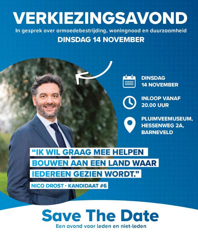 Verkiezingsavond met <a href="/NicoDrost/">Nico Drost</a> .

Van harte welkom om in gesprek te gaan over armoedebestrijding, woningnood en duurzaamheid. We kijken ernaar uit!