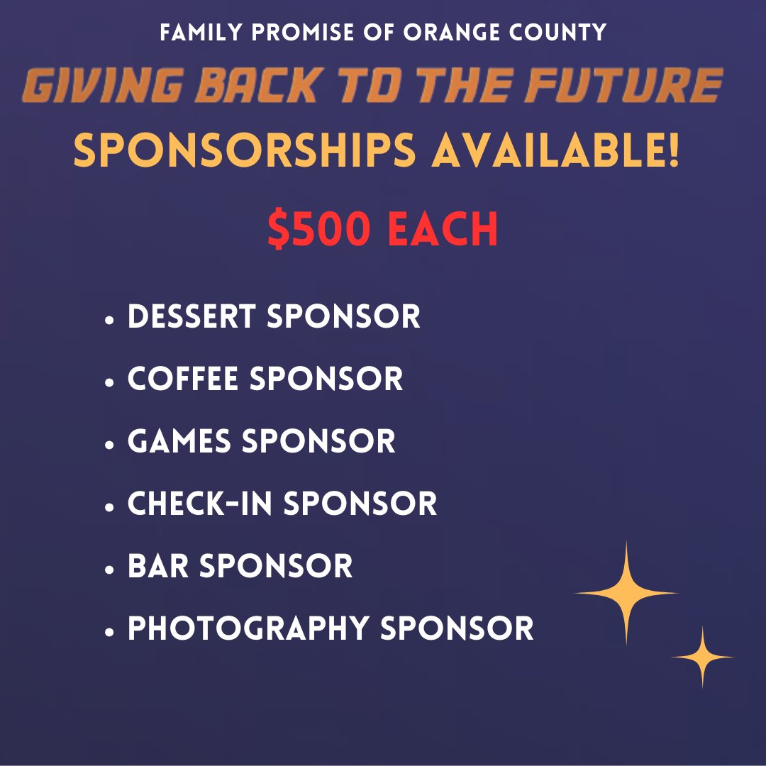 ocfamilypromise's tweet image. Giving Back to the Future is 14 Days Away! We still have some sponsorship opportunities left. Help children and their families who are experiencing homelessness by supporting our cause. Get your name on one of these sponsor levels for only $500 #familypromise #oc #backtothefuture