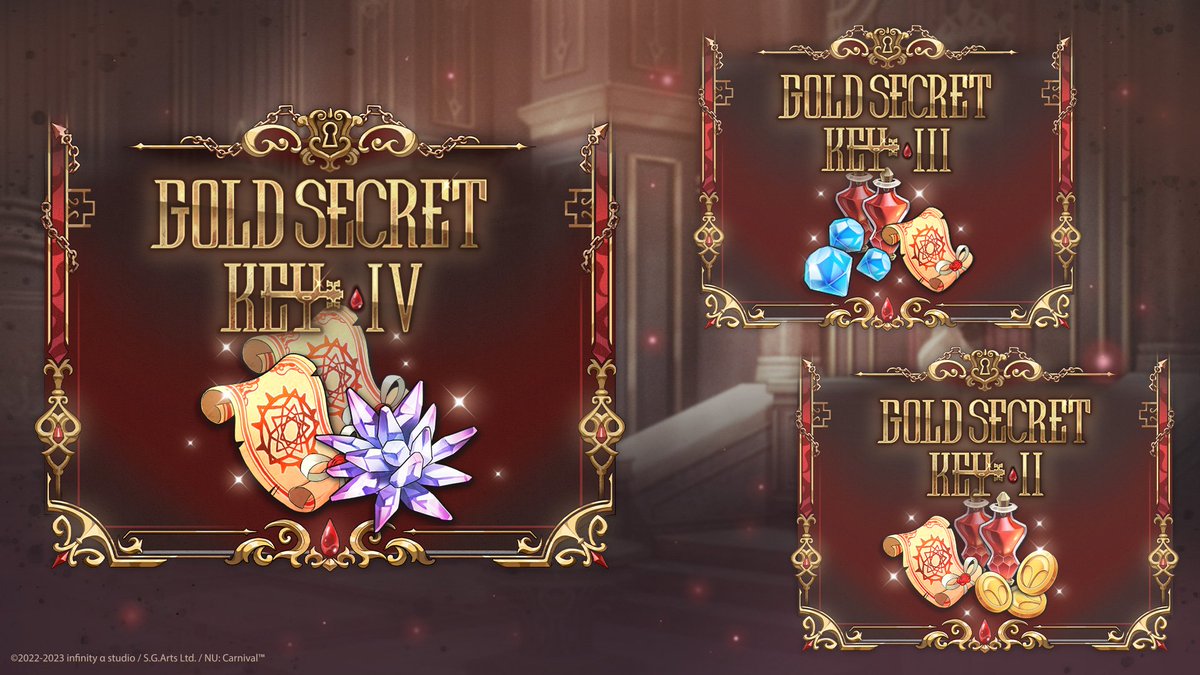 NuCarnivalEsp's tweet photo. ¡Packs de tiempo limitado de “Blood Secret”!

[Gold Secret Key IV] Contratos x50, Raw Crystal x1
[Gold Secret Key III] Gemas x1000, Contratos x30, Basic Boost x30
[Gold Secret Key II] Contratos x15, Monedas x100k, Basic Boost x20

#NUCarnival  #BloodSecret https://t.co/9R61FPGqsf