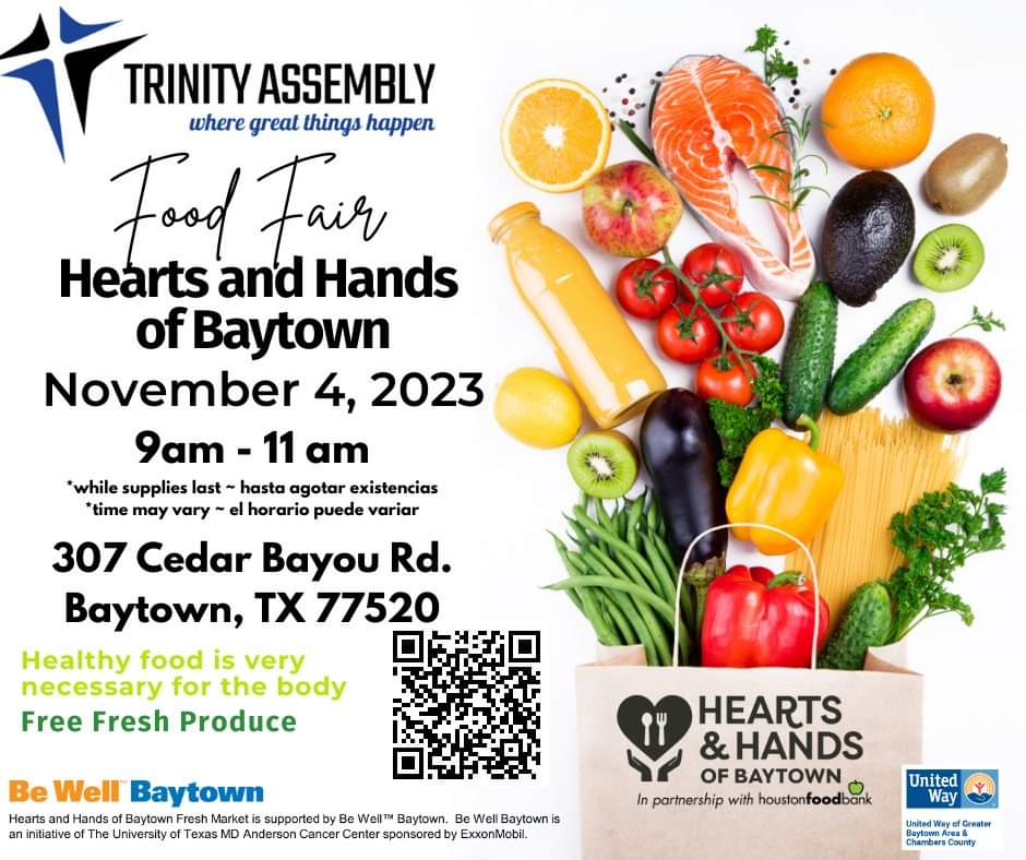 Food resources available in our community on Saturday, November 4th from 9am-11am while supplies last at 307 Cedar Bayou Rd. provided by Hearts and Hands of Baytown.