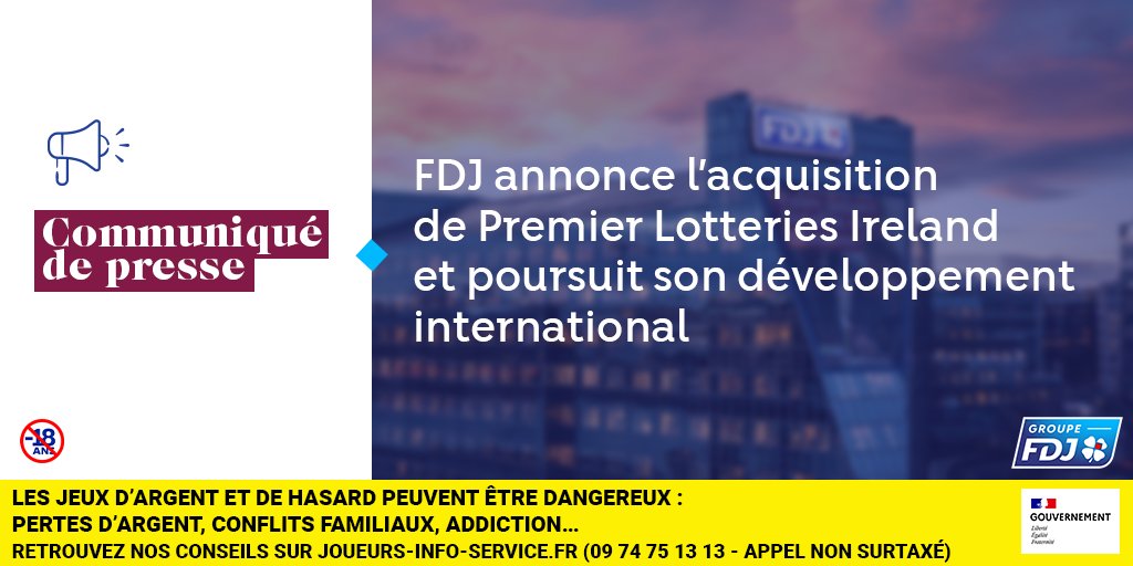 #FDJ annonce la finalisation de l’acquisition de 100 % du capital de Premier Lotteries Ireland (PLI) <a href="/NationalLottery/">The Irish National Lottery</a>, opérateur détenteur des droits exclusifs pour opérer la #loterie nationale irlandaise jusqu’en 
2034. 🇮🇪 
📰 Communiqué de presse : groupefdj.com/fr/journaliste…