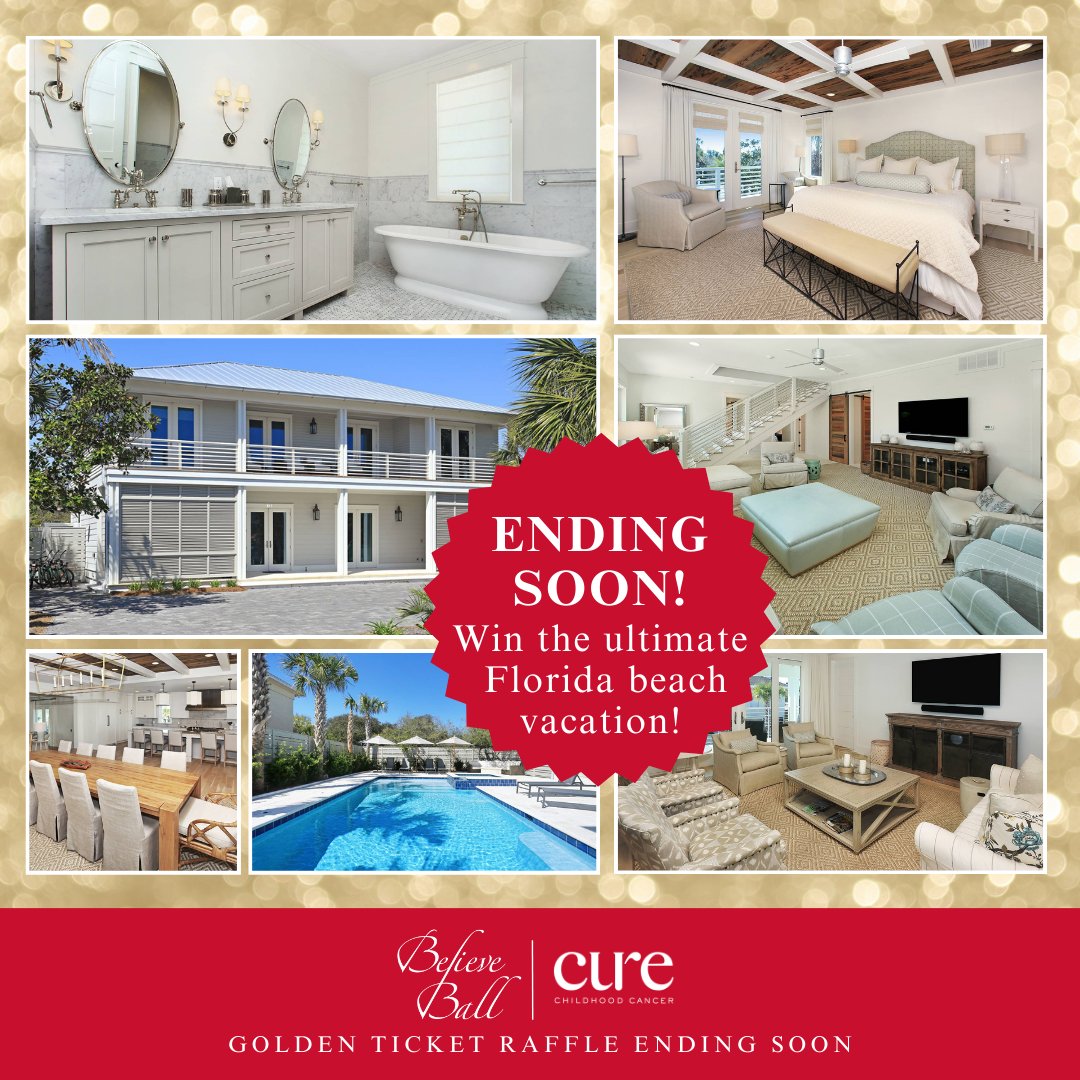 You have the chance to win an unforgetable beach getaway with your family. This stunning home is on Blue Mountain Beach and sleeps 20! The drawing for CURE Childhood Cancer’s Golden Raffle will take place next Saturday. Enter today at believeball.org/raffle. @CUREchildcancer