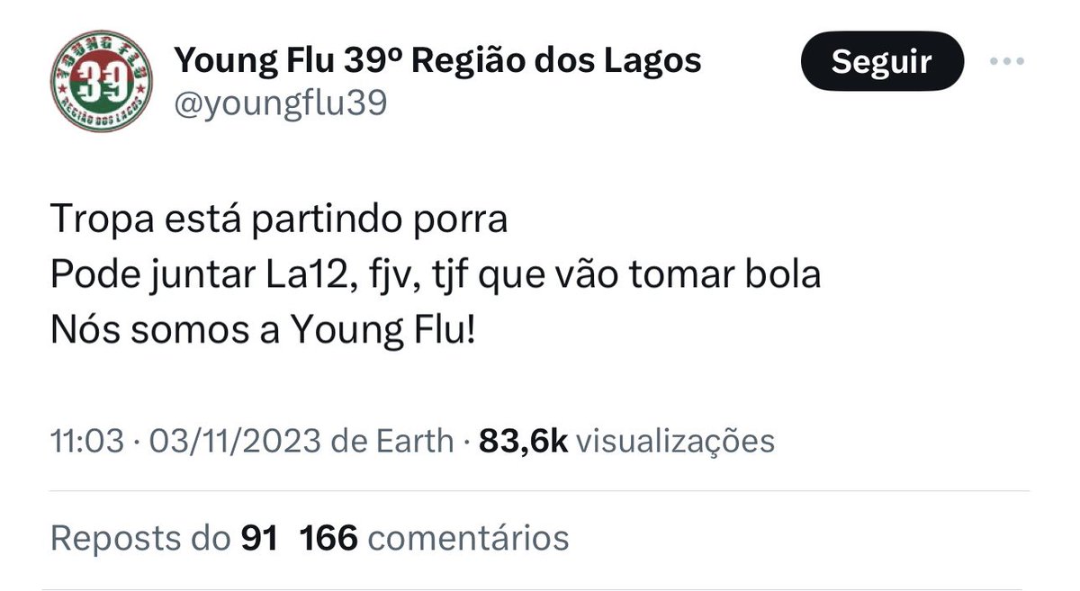 futebol_info's tweet image. Young Flu, torcida organizada do Fluminense:

&quot;Tropa tá partindo, p****. Pode juntar La 12 (barra brava do Boca), Força Jovem (TO do Vasco) e Jovem Fla (TO do Flamengo) que vão tomar bola. Nós somos a Young Flu!&quot;

📸 Reprodução
