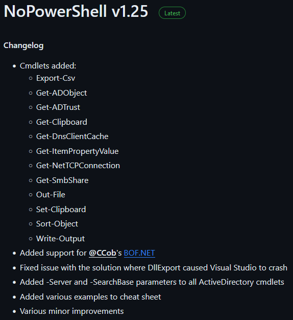 bitsadmin's tweet photo. It has been a while, but I just updated #NoPowerShell, which includes various new cmdlets and some fixes.
Through C2 frameworks, NoPowerShell's .NET binaries allow for performing various activities using the familiar PowerShell cmdlet syntaxes.
https://t.co/dBOcwROJ2Y https://t.co/mLLOoQTifo