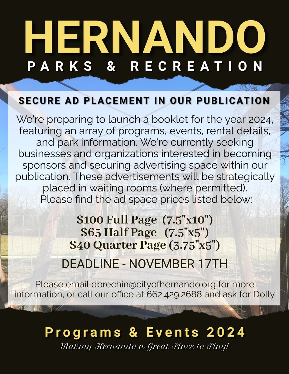 Here is an excellent opportunity to partner with Hernando Parks and Recreation, demonstrating your backing for community programs and events while spotlighting the products and/or services your business/organization offers.