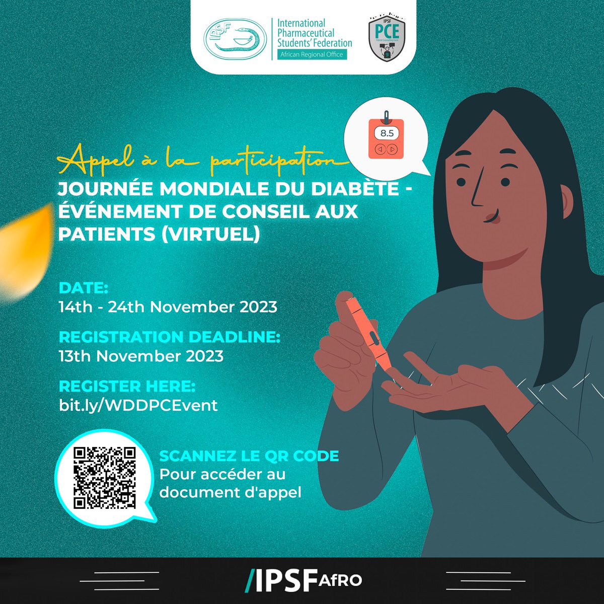 IPSFAfRO's tweet photo. 🌎 World Diabetes Day Virtual Event

Calling all diabetes warriors for participation in the Patient Counselling event happening between 14th and 24th November 2023.
Join us for an empowering event on Diabetes. 

Register before 13th November 2023
#AfROCares #WDD2023 https://t.co/A2oe68TBoG