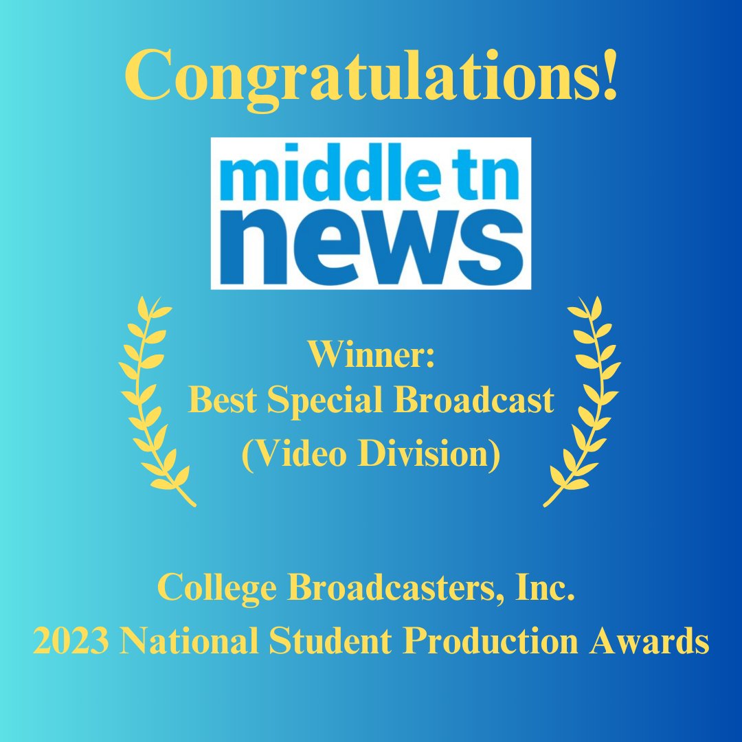 Our <a href="/MiddleTNNews/">Middle Tennessee News</a> students recently took home a top award at the CBI 2023 National Student Production Awards – congratulations on yet another well-deserved win!

#mtsu #sojsm