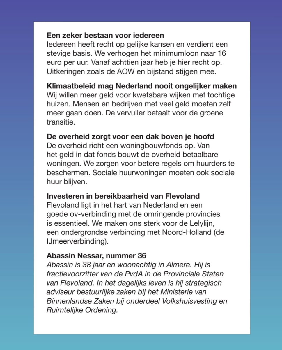 Lees hier <a href="/AbassinNessar/">Abassin Nessar</a>'s belangrijkste speerpunten voor een sterker en rechtvaardiger Nederland. Laten we samenwerken aan een Nederland dat voor iedereen werkt. Jouw stem maakt het verschil! 💚❤️ #TK2023 #StemVoorVerandering #SamenSterker