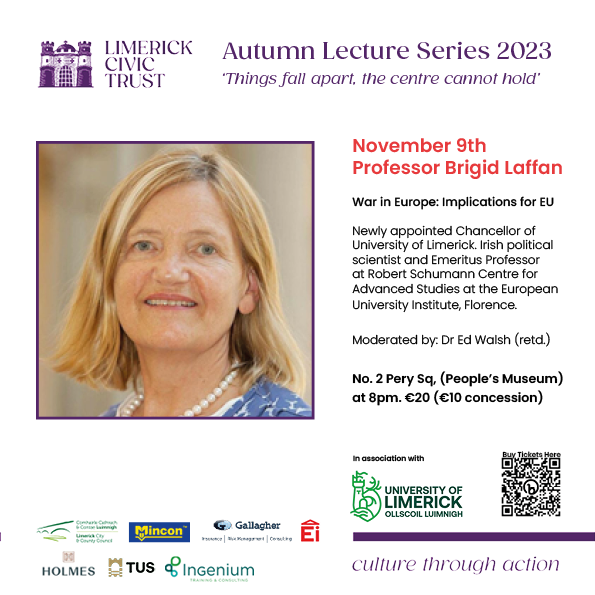 We are delighted to host the new Chancellor of University of Limerick @BrigidLaffan next Thursday. Prof Laffan, an expert on European integration comes full circle to where she started her distinguished academic career- NIHE Limerick. Tickets: bit.ly/LCTLectureSeri… #Limerick