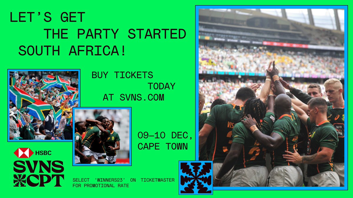 Exclusive Offer! The RWC winners are home and it’s time to party! For a limited time only, get your HSBC SVNS CPT reserved seating tickets @ R500 and general admission tickets @ R250 🥳 Visit Ticketmaster ZA and select the ‘Winners23’ price option: tinyurl.com/bdckjem2 🎟