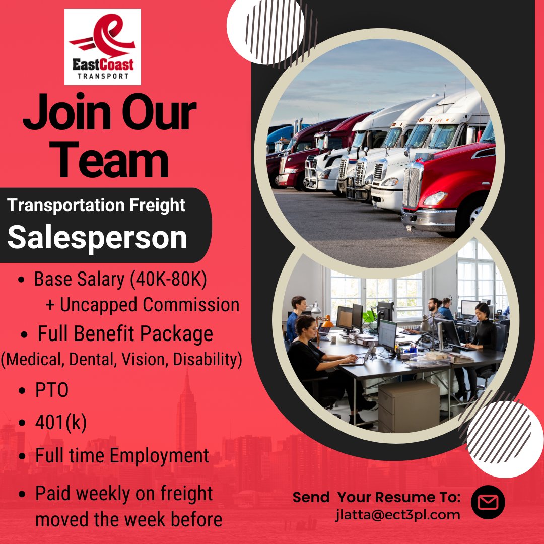 ect3pl's tweet image. 📣 #EastCoastTransport is #NowHiring: FT Transportation Freight Salesperson💰 40-80K Base Salary + Uncapped Commission + Full Benefit Package + 401 K + PTO

Email resume: jlatta@ect3pl.com

#SalesJob #JobOpportunity #JobOpening #RemoteJobs #HiringSales #HiringToday #ApplyNow
