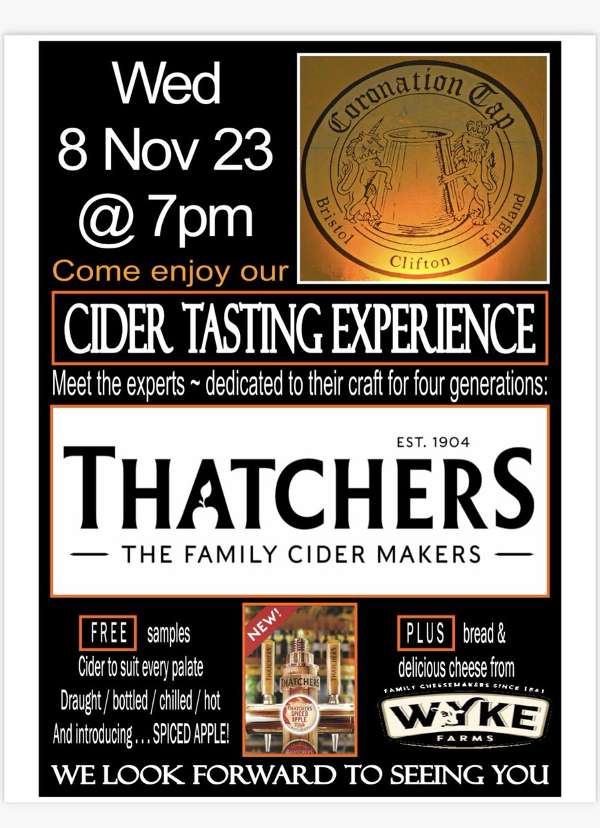 It doesn’t get more West Country than Cider Tasting @thecoronationtap 🍺 8th Nov 7pm See you there!🍻OOOH AR 🐻 #discoverclifton #visitbristol #bristol #cider #cidertasting #ciderlover #bristolcity #westcountry #thatchers