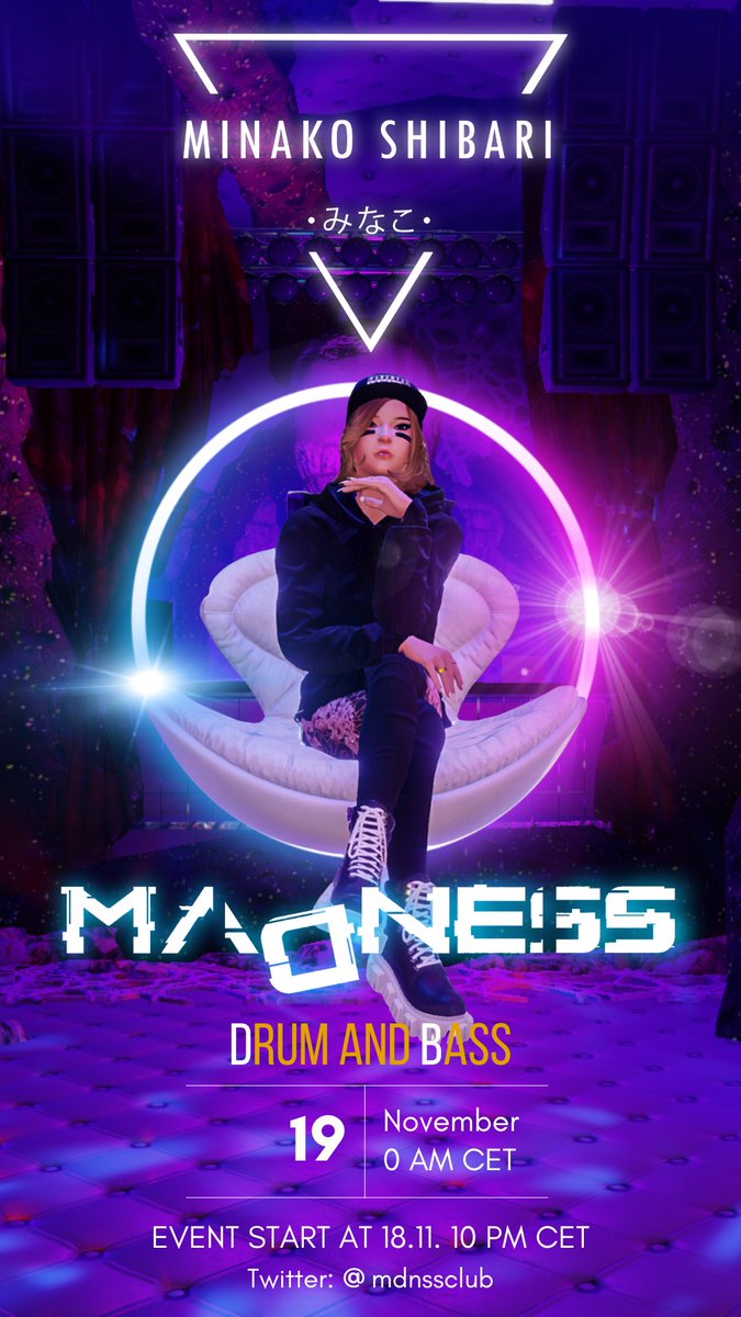 Hey!
We are releasing the next leak of our DJ who will be kicking off our first opening 18.11.2023!

We are honored to have a DJ:

MINAKO !

Drum&amp;Bass Queen!

0 AM CET
DRUM&amp;BASS

M A D N E S S  CLUB

<a href="/mdnssclub/">MADNESS CLUB</a> <a href="/3dxchat/">3DXChat</a> 
<a href="/LolaPh0to/">Lola</a> <a href="/Spratek_3DX/">Spratek</a> 
<a href="/Brculka1/">B૨cuℓkα</a> <a href="/ZlyVlk3dx/">ZlyVlk</a> 
<a href="/tmnctokyo/">TMNCTOKYO</a>