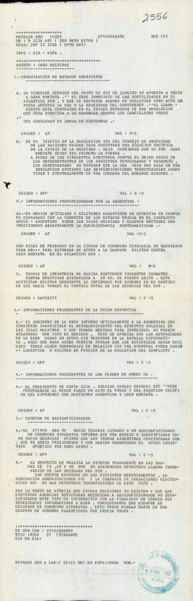#Malvinas #FW82 Operación Psicológica nuestra en el punto N 2 C y N 5.
 27 Abril de 1982
Mensaje de inteligencia
Malvinas C95/17
Dirección de Estudios Históricos de  la Fuerza Aérea Argentina.