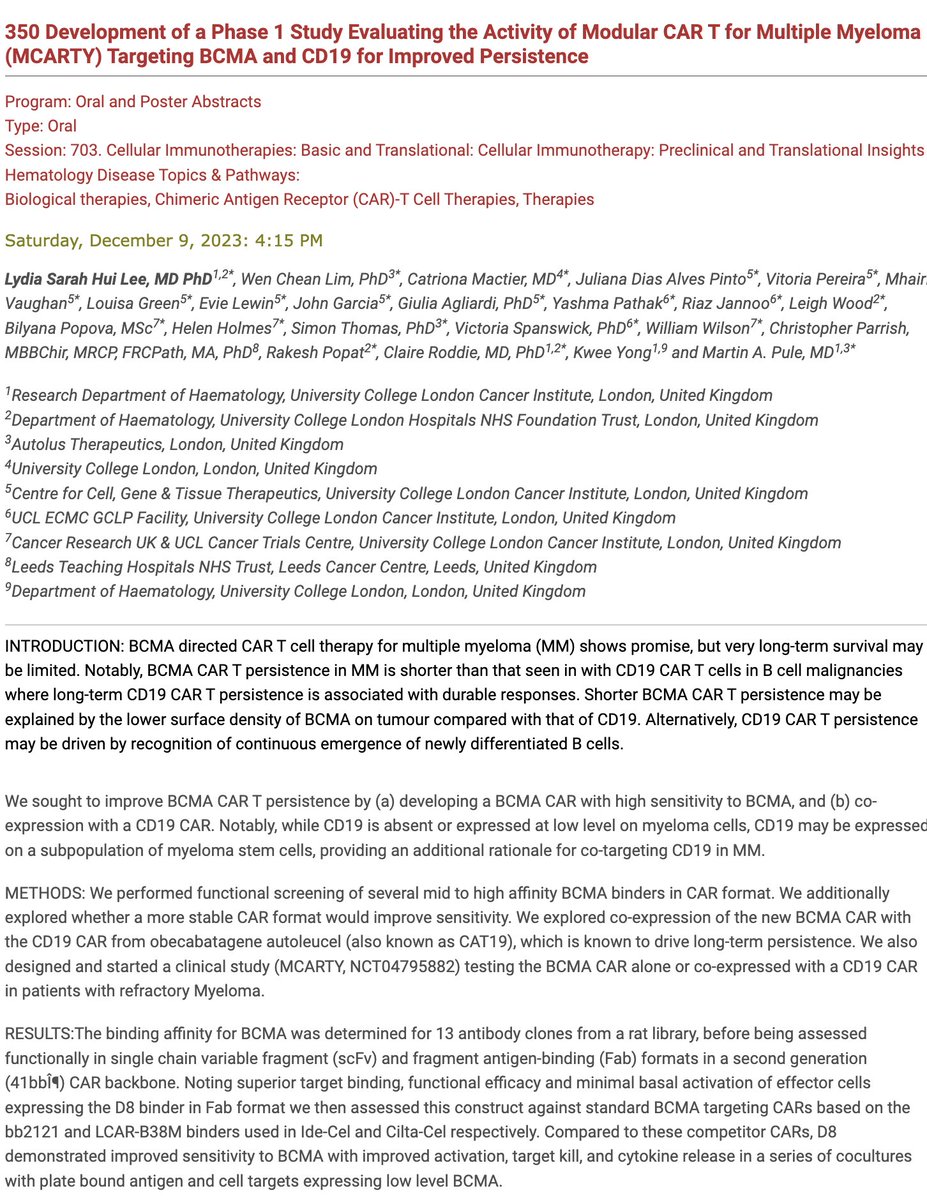 kansagraMD's tweet photo. Combining two proven targets - BCMA and CD19 !! 

Martin Pule and team, the brains behind #Autolus Therapeutics, presenting data at #ASH23 Looks very promising

With all said, the name "MCARTY" might cause nightmares to the House of representatives in the US! 

#MMsM https://t.co/IKLNfII51R
