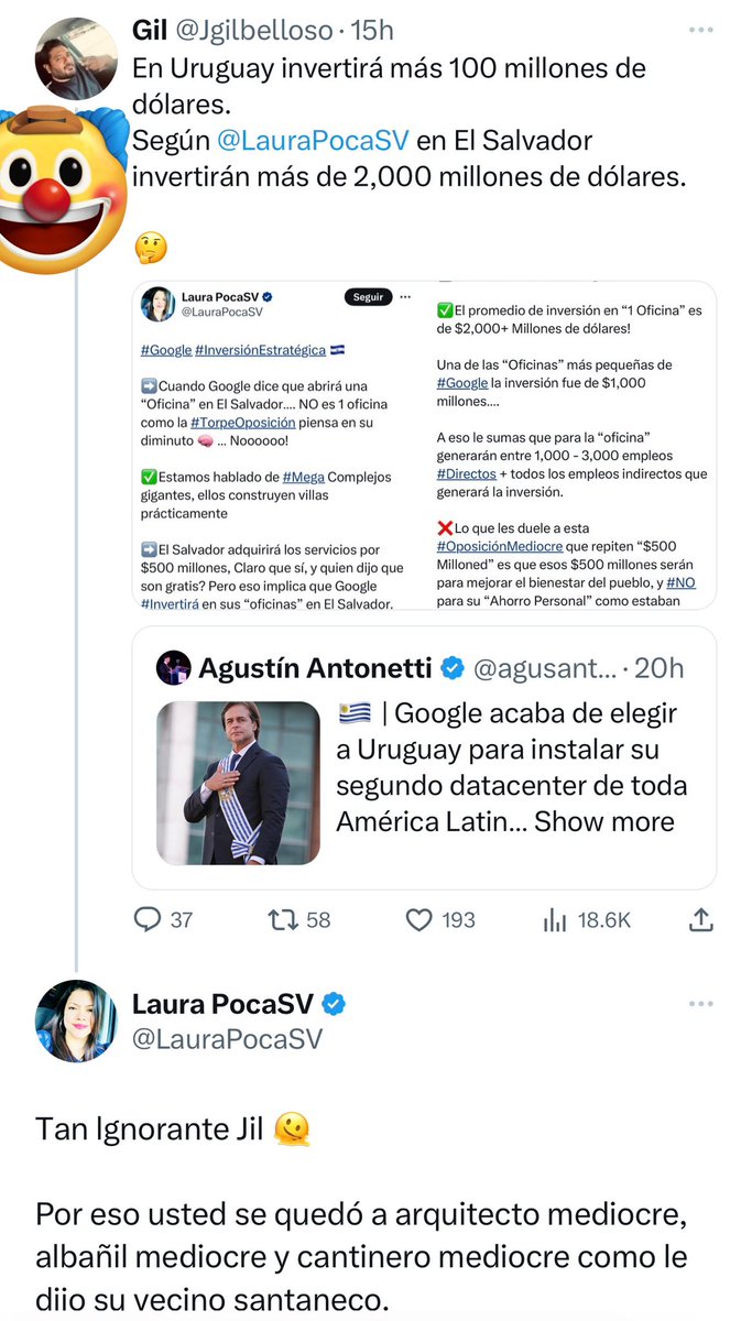 LauraPocaSV's tweet photo. #Militonto del #FMLN (pero lo niega) comparte noticia #Falsa
Donde dice que Google “acaba” de elegir a Uruguay para un data center, y por su puesto se emociona 🫠🫠
✔️La verdad es que desde 2019 Uruguay viene anunciando el data center y aún no se concreta nada😕
🫵🏼🫵🏼 Ahhh pero el #Apátrida, ni aunque Google haya hecho un #AnuncioOficial que tendrá “#Infraestructura” en El Salvador, lo cree porqué eso no le alegra, eso lo critica y reniega.
Así la #OposiciónRabiosa
Pobre #Gilito y #Gorgojal por eso se quedaron en la mediocridad.