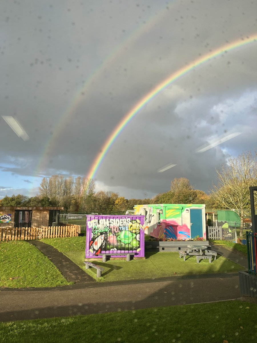 JakeRileyEdu's tweet photo. What a lovely rainbow that started in our school field. No better way to begin the school day! On another note, our new class quiet critters are doing their job well at the moment! Now time to put the longevity to the test 😁🌈 #Enjoy #Embrace @DelphSide https://t.co/xAbS5pOtVf